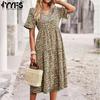Women's Fashion Summer Spring Flower Pattern Print Short Sleeve V-Neck High Waist Casual Dresses
