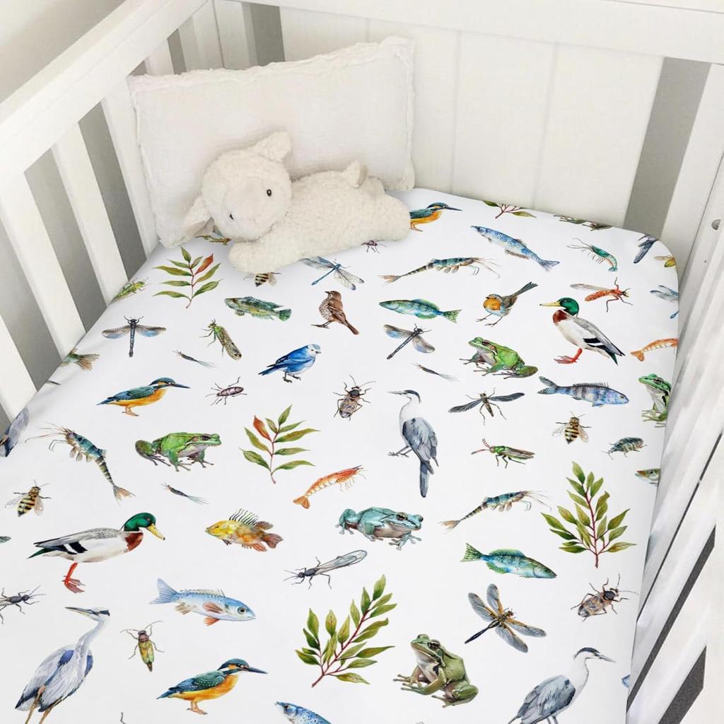 Wildlife Pond Baby Crib Sheets 52''x28'' Wild Animals Frogs Duck Fish Bird Weeds Snug Fitted Crib Mattress Cover for Boy Girl Fishing Hunting Soft