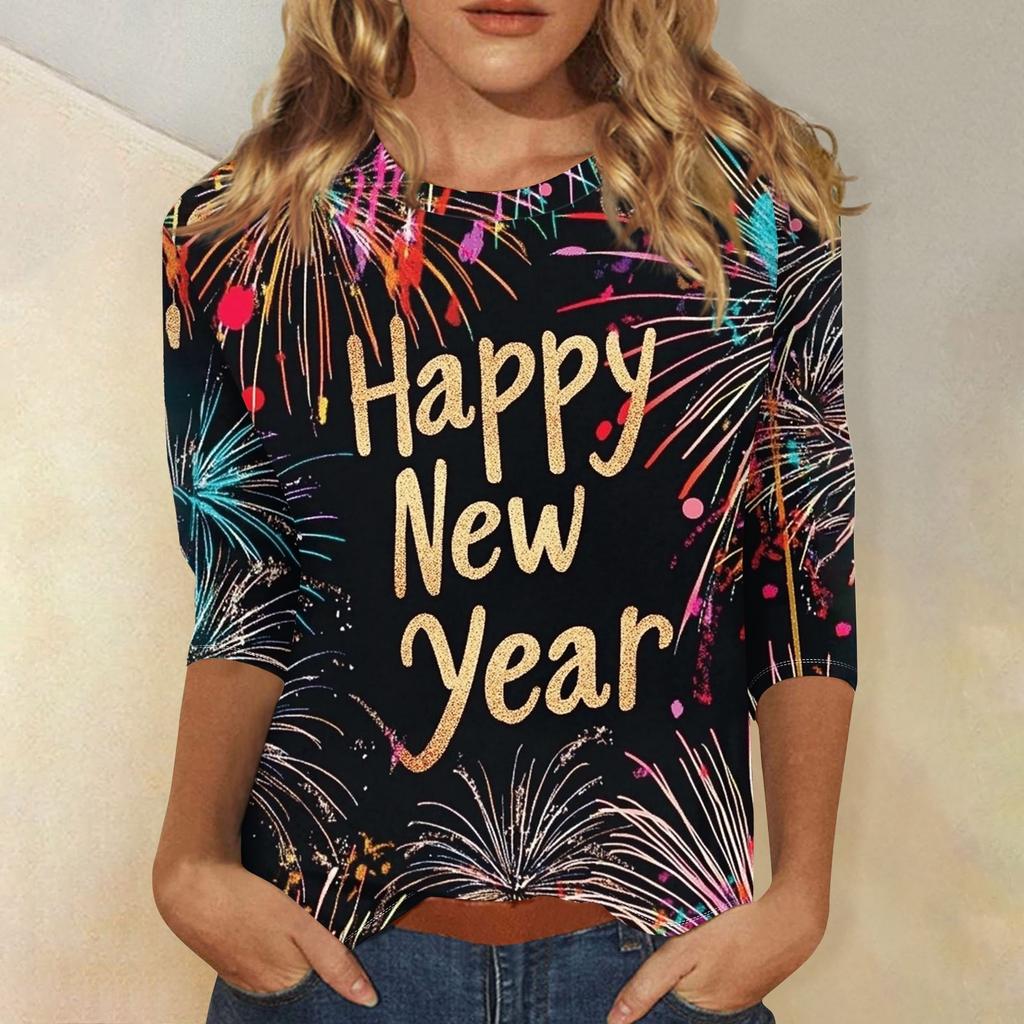Женская мода повседневная новогодняя принтованная круглая горловина с рукавом три четверти топ Новый год 2025