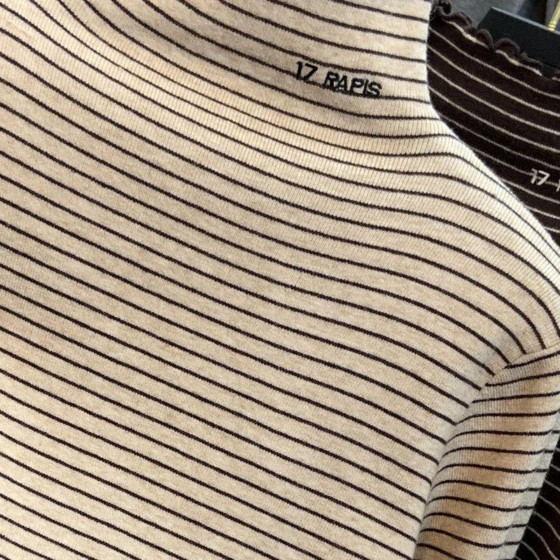 Women's Velvet Half-turtleneck, Striped Long-sleeved Undershirt, Autumn and Winter, Fungus Edge, Wear Outside