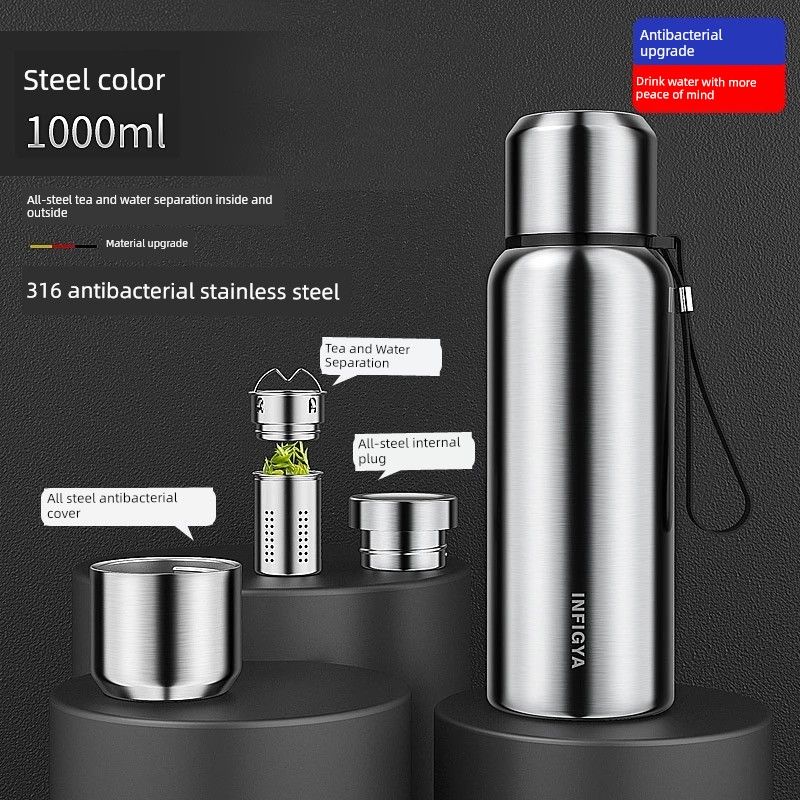 All-Steel Large-Capacity Insulated Cup 316 Stainless Steel Water Cup for Men and Women, Tea Brewing, Car-Mounted, Outdoor Tea-Water Separation Cup