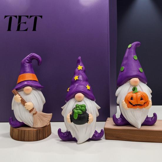Hand Painted Desktop Figurines Halloween Gnome Resin Figurine, Broom Cauldron Pumpkin Dwarf Cute Cartoon Wizard Gnomes Statue for Desk Shelf,