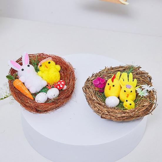 Easter Fur Chicks Mini Plush Simulation Chick Bunny Ornament with Nest Furry Animals Toy Easter Egg Filler for Kids DIY Home Garden Decoration