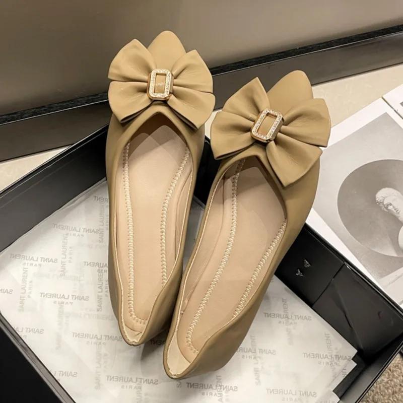 Модные женские балетки с острым носком, милые женские туфли из искусственной кожи, удобные одинарные туфли с бантом, женские осенние однотонные