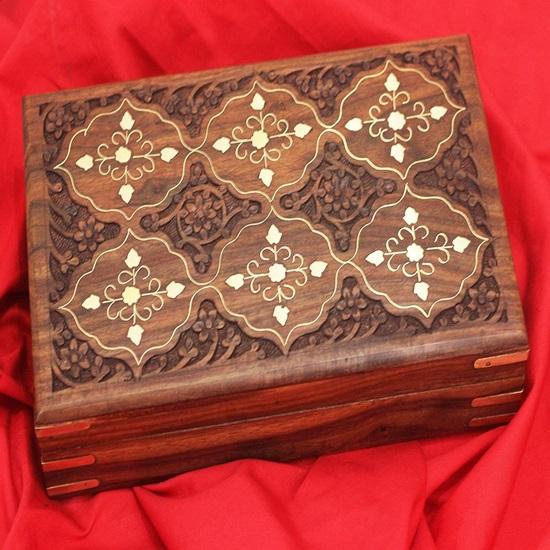 Коробка для хранения Sheesham деревянная, резная, из латуни, прямоугольная, с цветочной резьбой