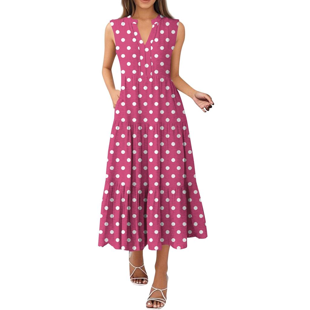 Женские модные летние платья без рукавов с V-образным вырезом и принтом в горошек, плиссированные