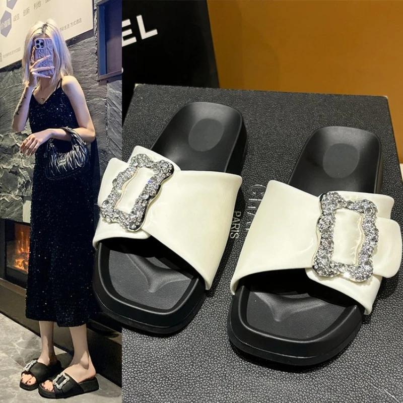 Модные женские тапочки с кристаллами и пряжкой, черные, хаки, бежевые, без застежек, модные шлепанцы, повседневные сандалии, удобные туфли со стразами