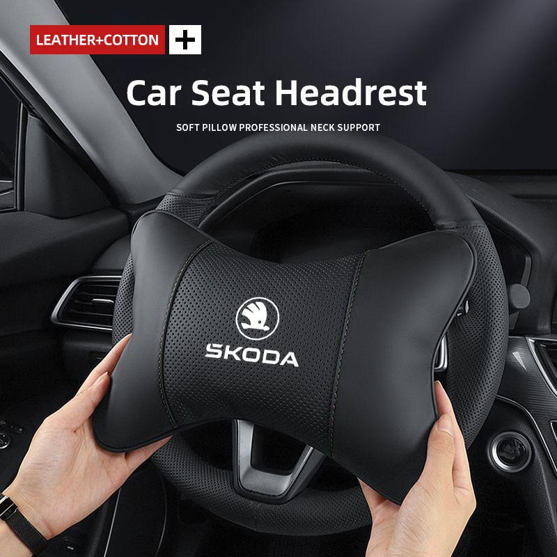 AAFP1 Car Seat Headrest Leather Memory Cotton Neck Pillow For Skoda Octavia Superb Rapid Kodiaq Karoq Scala Fabia Kamiq Vision RS Yeti