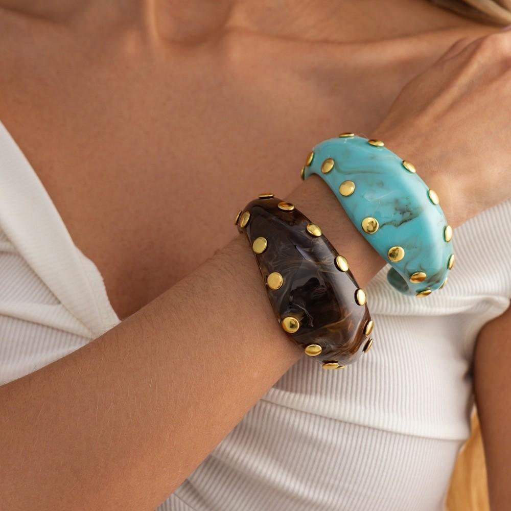 Marbling Resin Cuff Bracelet Rivet Chunky Bangle Vintage Wide Cuff Bracelet Gifts