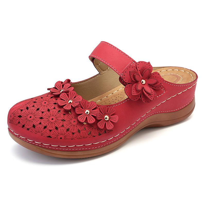 2023 Women's Sandals Large Size Vintage Flat Sandals Round Toe Flower Wedges Thick Sole Slippers for Women