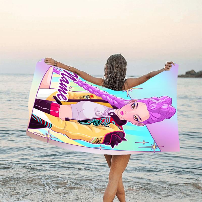1pc KPop Demon Hunters33 Beach Towel with Custom Name, Beach/Swimming/Bath/Picnic/Camping Towel, Suitable for Seaside Beaches