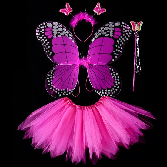 Children Skirt Set Headband Wand Simulation Butterfly Wings Elastic Waist Mesh A-line Skirt Princess Style Kids Party Dress Up Fairy Costume Set