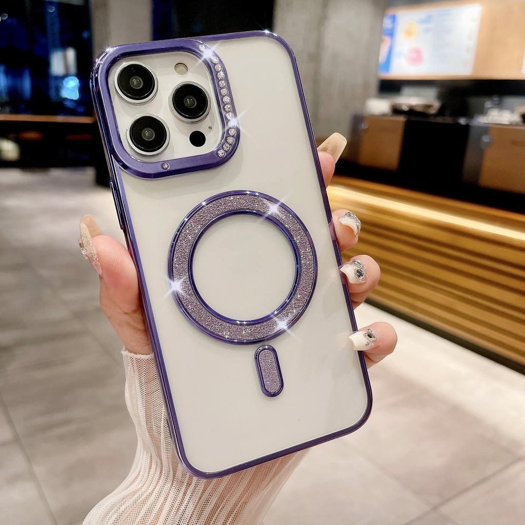 Подходит для IPhone16Pro Гальванизированный Водяной Бриллиант Чехол для Телефона, Apple 15 Инкрустированный Бриллиантами Блестящий 14 Магнитная Зарядка Защитный Чехол