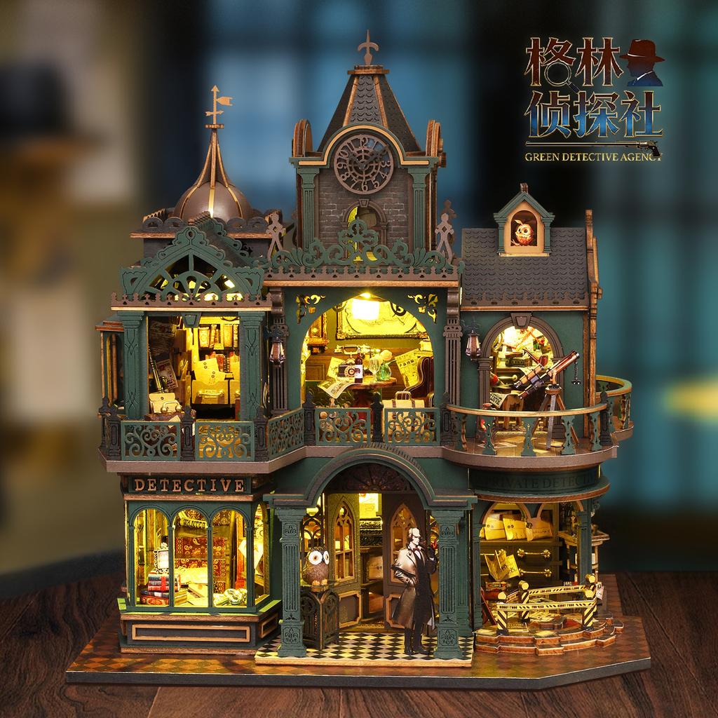 Jiate DIY Dollhouse Green Detective Agency Wooden Miniature Villa Model Kit Handmade Stress Relief Birthday Gift for Men Decorative Ornament