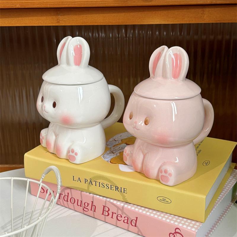 Cartoon Rabbit Shaped Ceramic Mug with Lid Coffee Milk Cup Cute Couple Breakfast Cup Household Drinkware Valentine's Day Gift