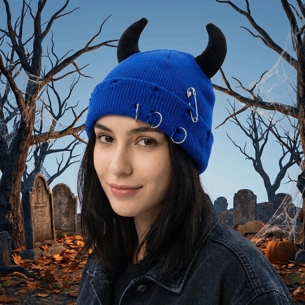 Solid Color Winter Pullover Cap Distressed Knitted Beanie Fashion Devil Horns Hat Female/Male
