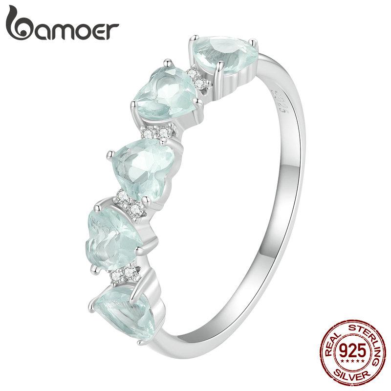 BAMOER 925 Stelring Silver Ocean Blue Heart Cubic Zirconia Wedding Rings Women Romantic Heart-shaped Stackable Ring Birthday Jewelry Gift