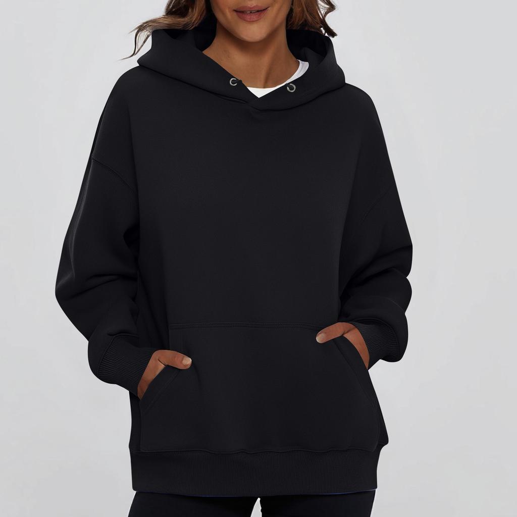 Ladies' Fashionable Solid Color Casual Hooded Pocket Long Sleeved Sweatshirt