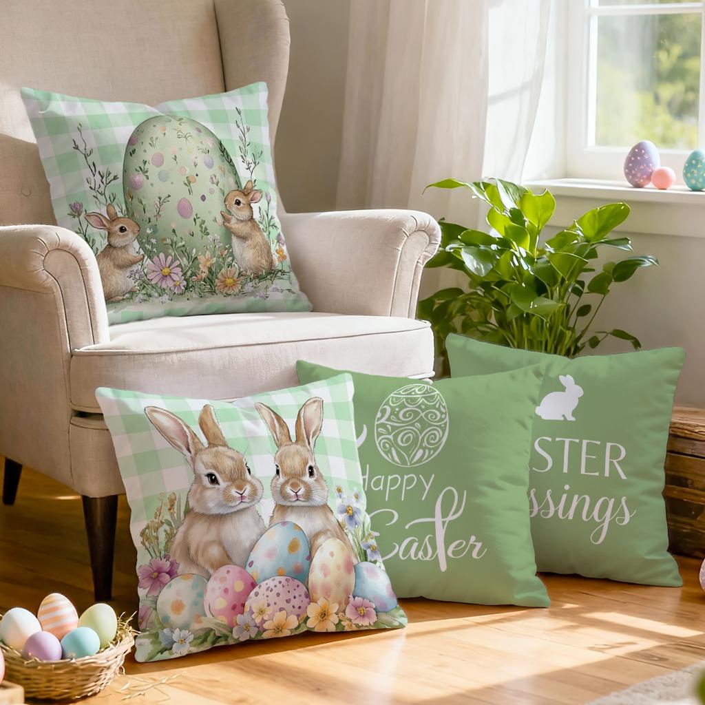 4 Pcs Green Grid Rabbit Egg Flower Single-Sided Printed Pillowcase Cushion Cover,Suitable For Living Room,Bedroom,Car Decoration