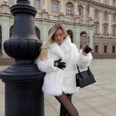 Женское белое пальто из искусственного меха с лацканами, средней длины, пушистое, теплое, зимняя верхняя одежда