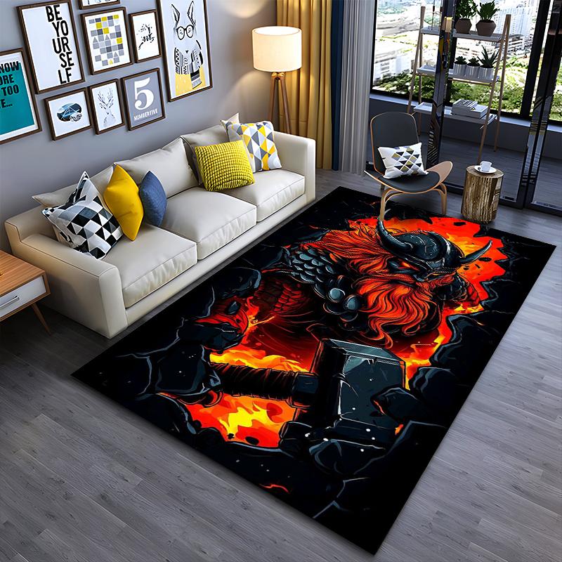 Area Rug, Norse Viking Thor Red Beard Mjolnir Hammer Fire Flames Print, Man Cave Decor, Non-Slip Mat