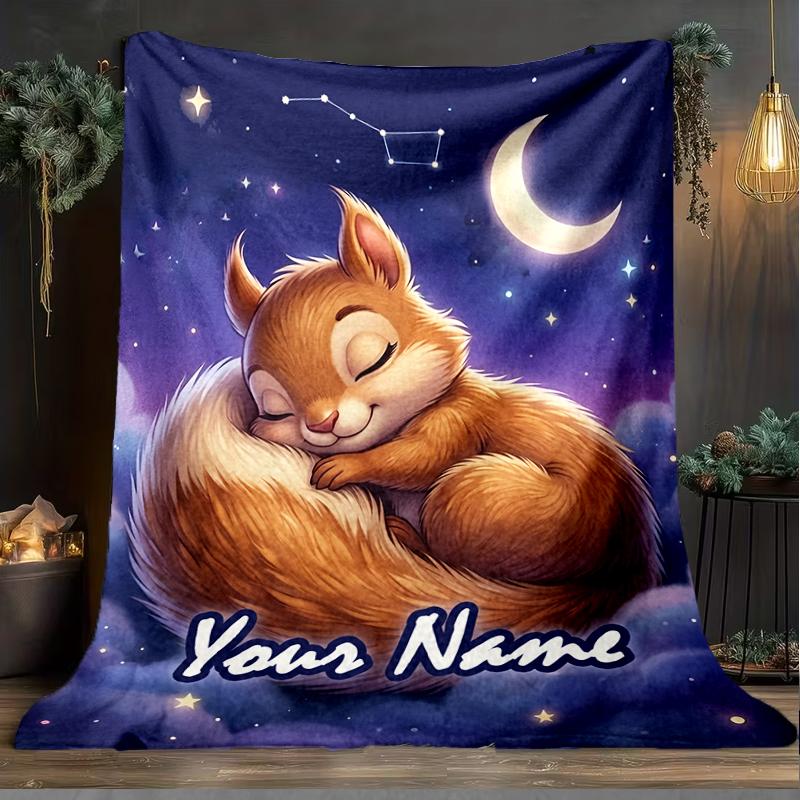 1PC Custom Name Squirrel Dreams Moonlight flannel blanket versatile,all-season throw suitable for the living room,bedroom,camping,travel,and gift
