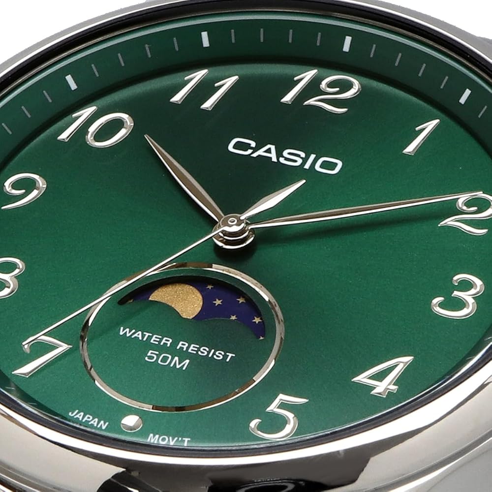 Casio Standard Moon Phase Analog Men's Watch MTP-M110D-3AV Round Face Metal Band Green