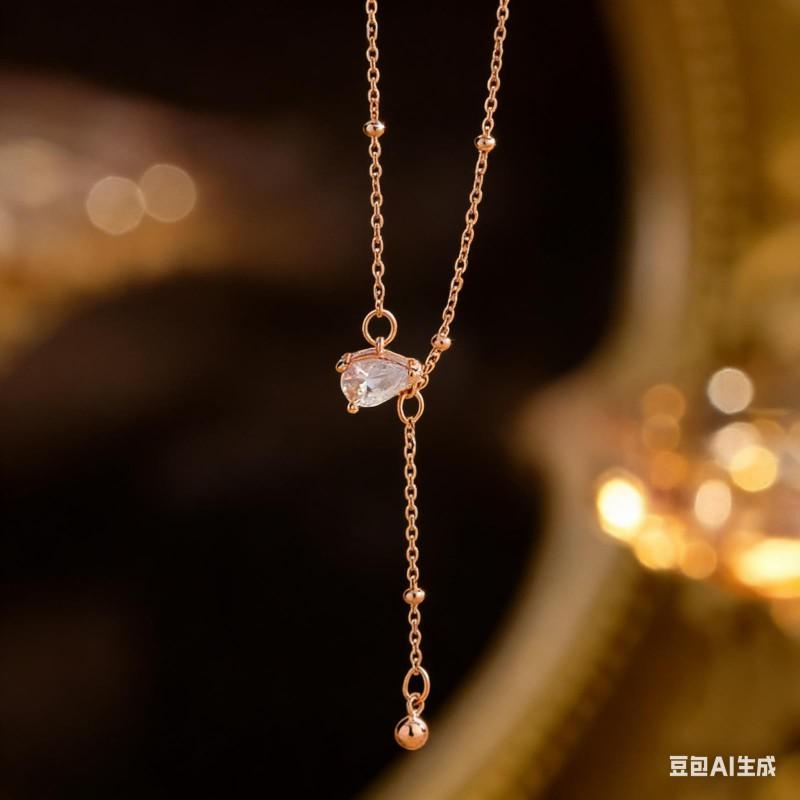 Womens Waterdrop Necklace Luxury Tassel Pendant Shiny Clavicle Chain