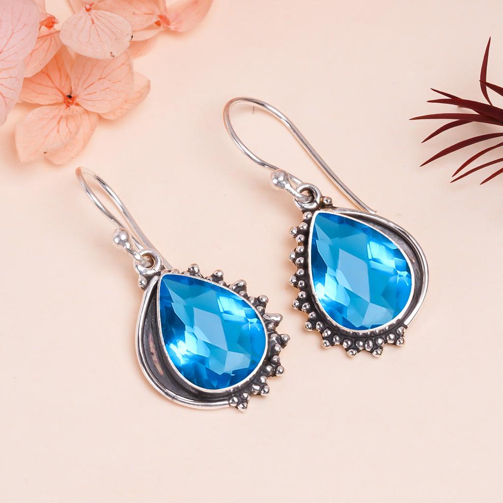 Серьга из стерлингового серебра 925 пробы с швейцарским голубым лондонским голубым топазом V9843, Синяя серьга, Серьга-груша, Подарок на День святого Валентина, Подарок для нее, Подарок на день рождения, Ручная работа