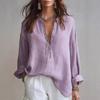 Женская минималистичная хлопково-льняная рубашка с длинным рукавом и V-образным вырезом
