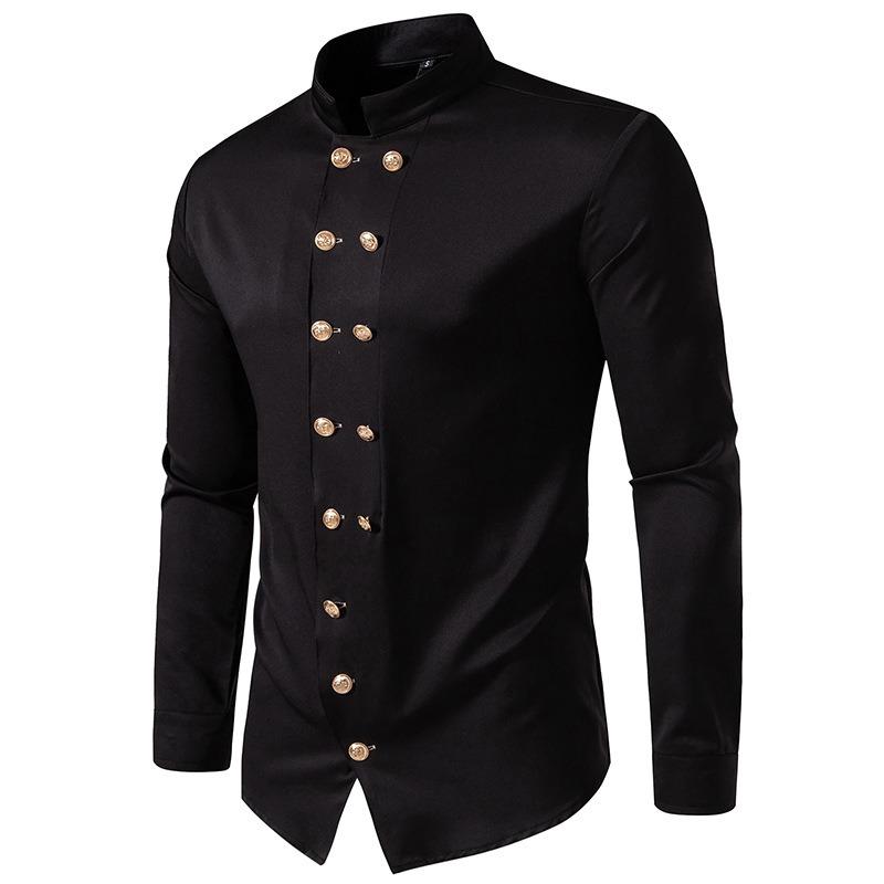 Men S Casual Long Sleeve Shirt European Size Turn Down Collar Double Breasted