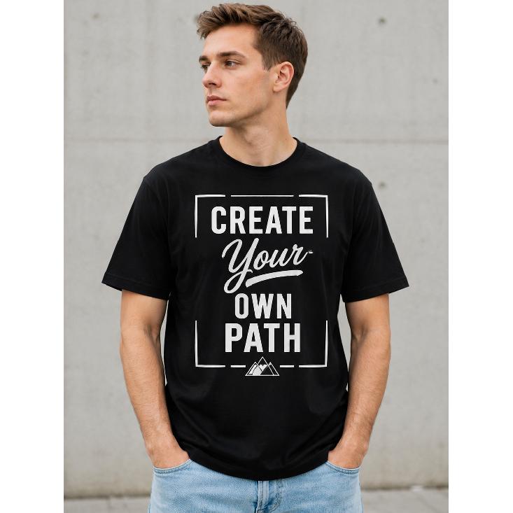 Men's Black Short Sleeve Crew Neck T-Shirt with Motivational Graphic Print, Soft Cotton Blend for Casual Daily Wear and Outdoor Adventures