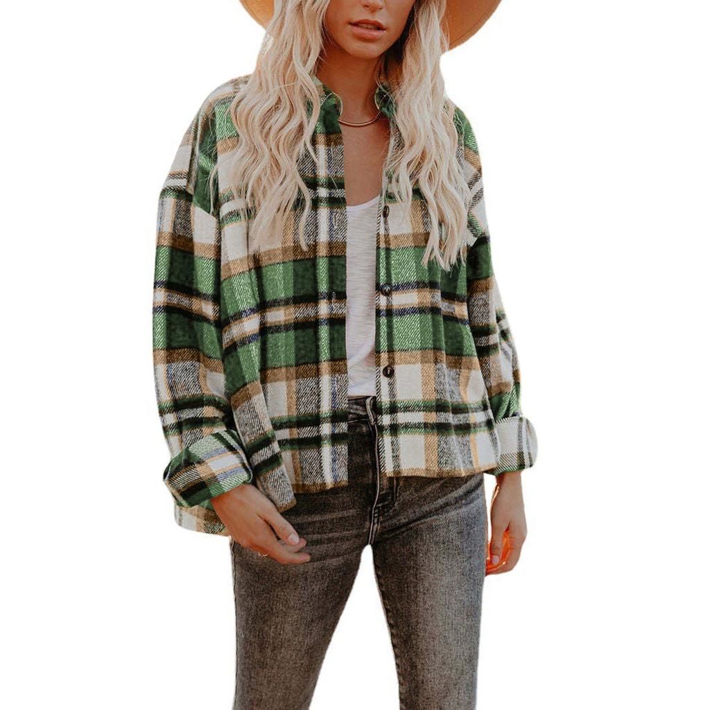 Модные женские повседневные топы в клетку с длинным рукавом и воротником-стойкой, пальто