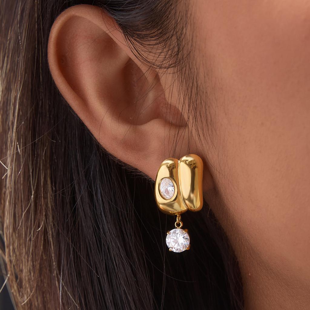 Non Tarnish Chunky Oval CZ Drop Earrings Stainless Steel 18K Gold Plated Statement Earrings for Women