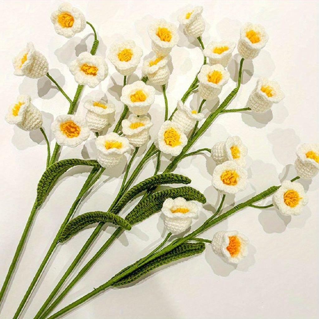 6 Pcs Handmade Knitted Flowers Crochet Flower Bouquet 40cm Artificial Lily of The Valley Crocheted Flower Arrangements for Home Wedding Table Decor