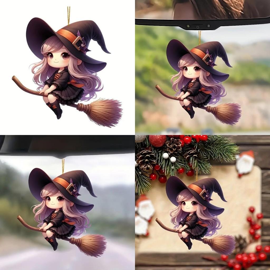 Halloween Acrylic Car Decoration Pendant Cartoon Witch Broom Supplies Interior