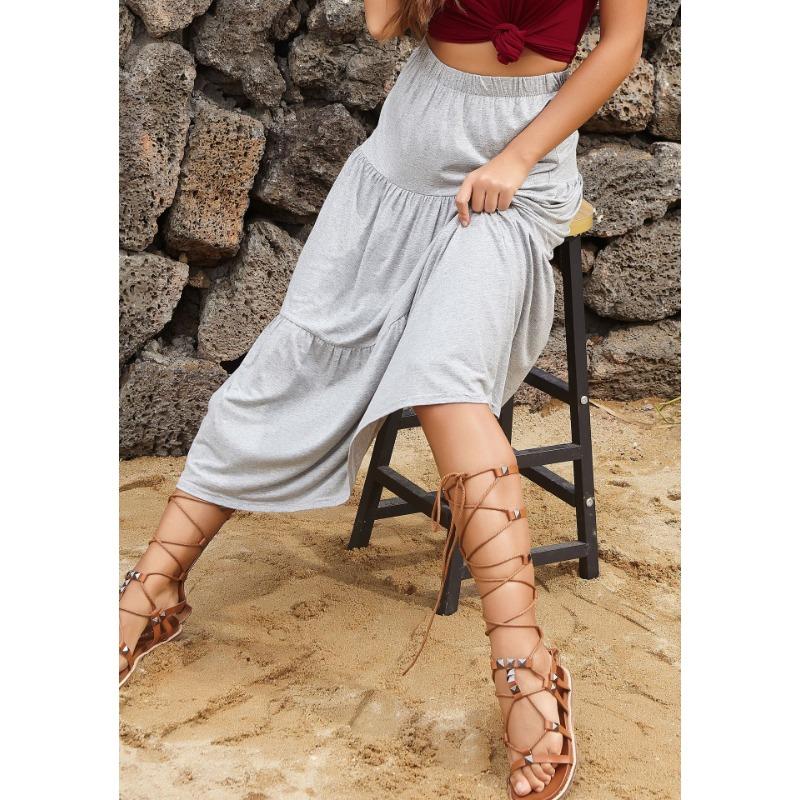 Летняя женская юбка, модная плиссированная юбка, свободная однотонная серая юбка с лямкой на шее
