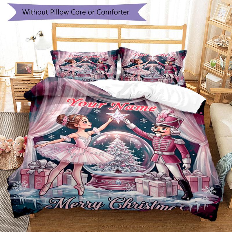 3PC Custom Name Christmas Ballerina Soldier Bedding Set Duvet Cover Closure Includes 1 Duvet Cover & 2 Pillowcases for Bedroom