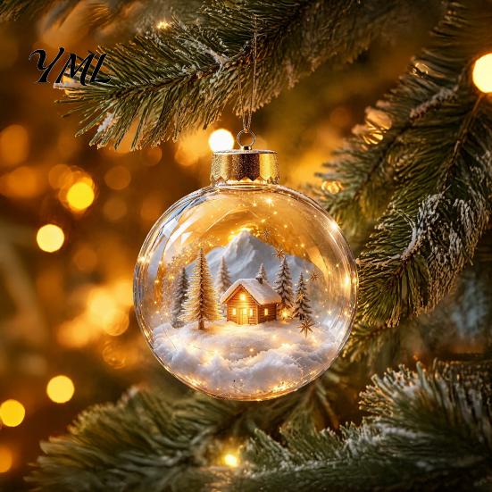 Christmas Hanging Decorations Ball Ornament with LED Lights, Snow Scene Acrylic Clear Theme Decor, Shatterproof Xmas Tree Sphere Holiday