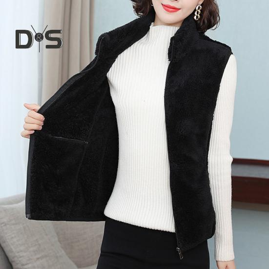Женский осенне-зимний однотонный плюшевый жилет с воротником-стойкой, карманы без рукавов, карманы на молнии, утолщенный двухсторонний флисовый жилет, пальто