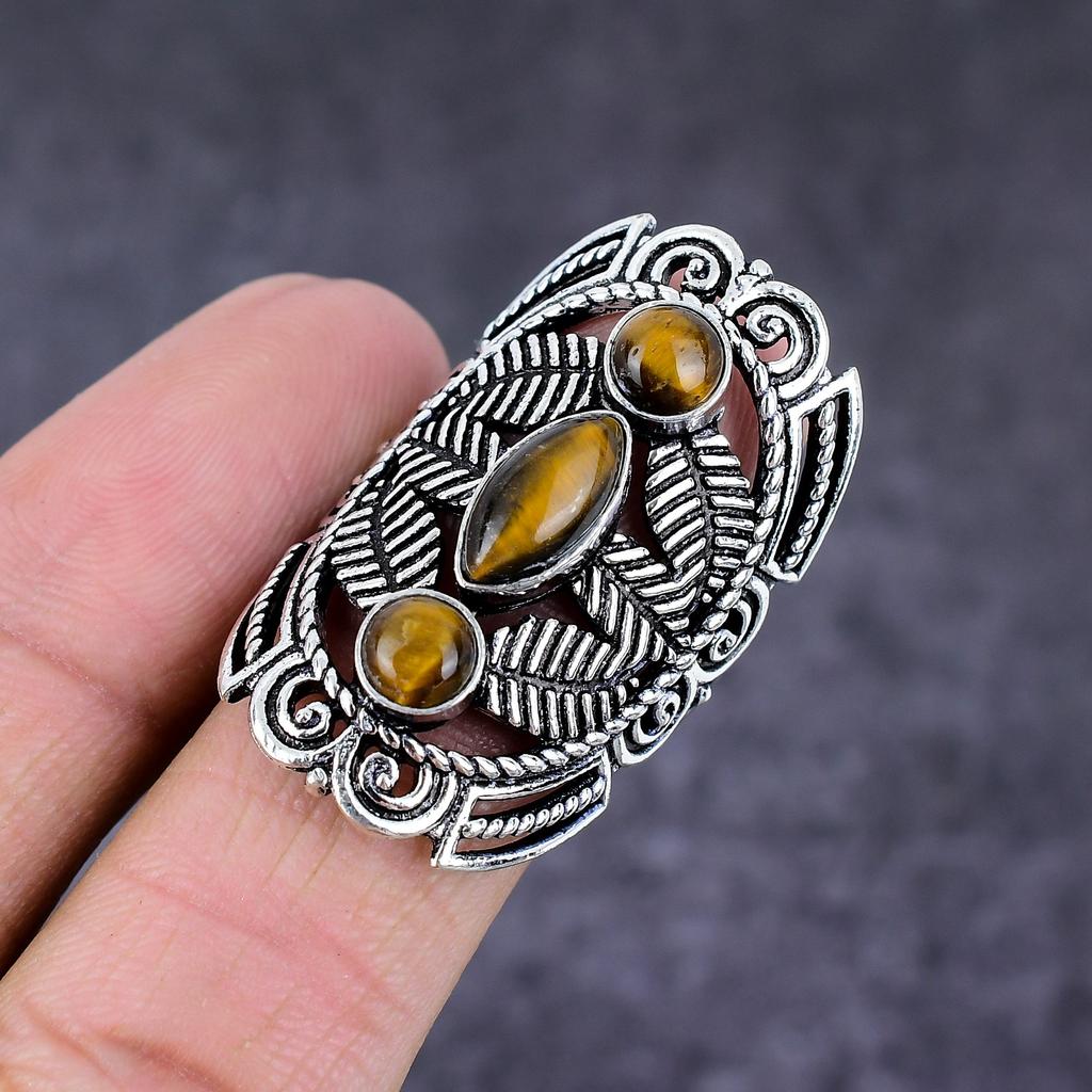 Натуральный камень Тигровый глаз Ручная работа Серебро 925 пробы Ювелирное кольцо Размер 8 U2y97