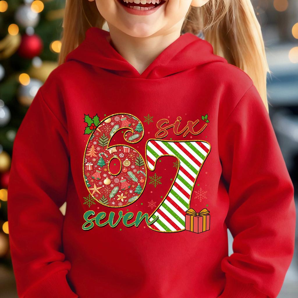 Girls' Christmas Autumn/Winter Fashion -Lined Hooded Sweatshirt, Six Seven 6 7 Snowflake and Gift Cartoon Print, Loose Fit Casua