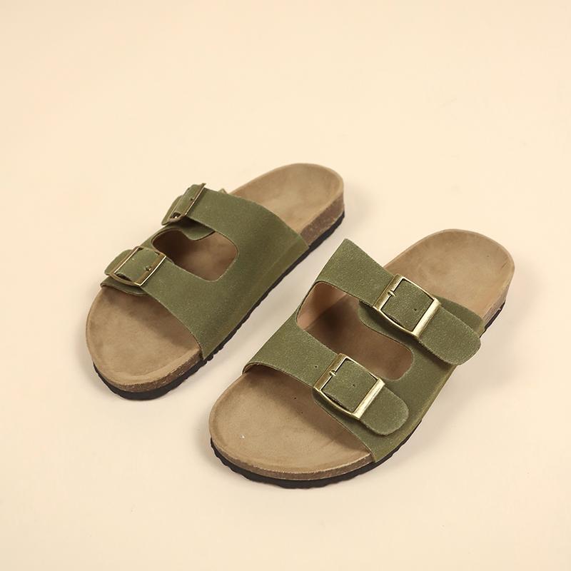 Fashion 2024 New Summer Women's Cork Slippers Casual Beach Double Buckle Non-slip Outside Nubuck Leather Slip On Slides Shoe for Women
