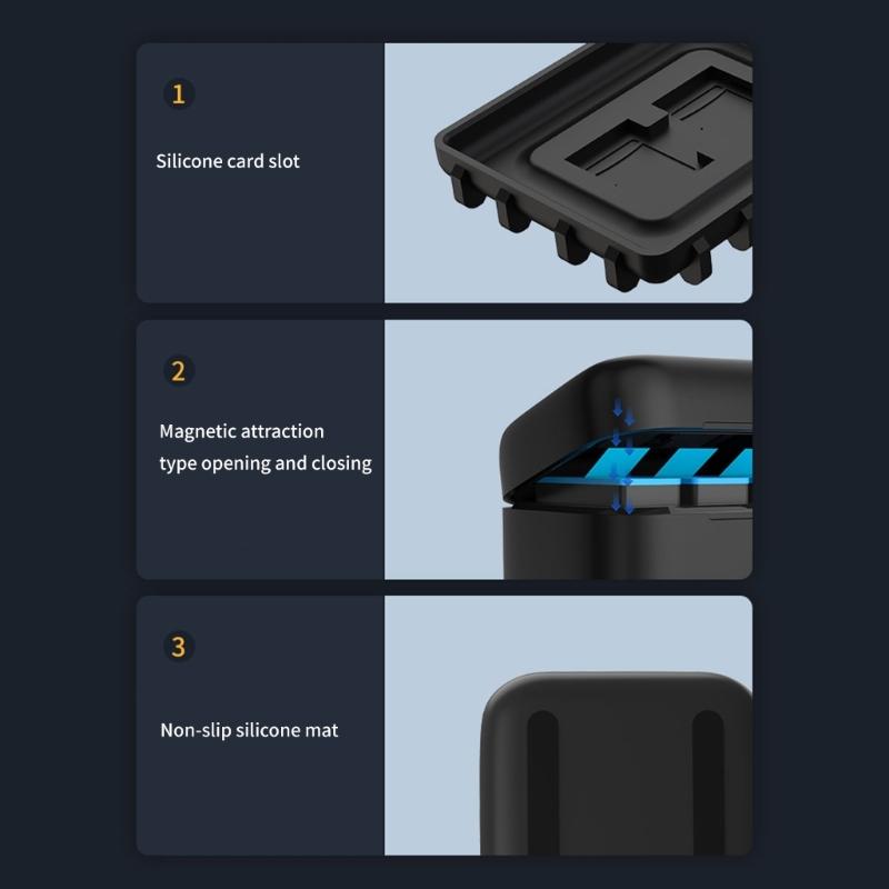 3-слотовый USB-кейс для зарядки аккумуляторов камеры 13, Черный, Зарядный бокс, Дорожный чехол с кабелем, Кейс для аккумуляторов