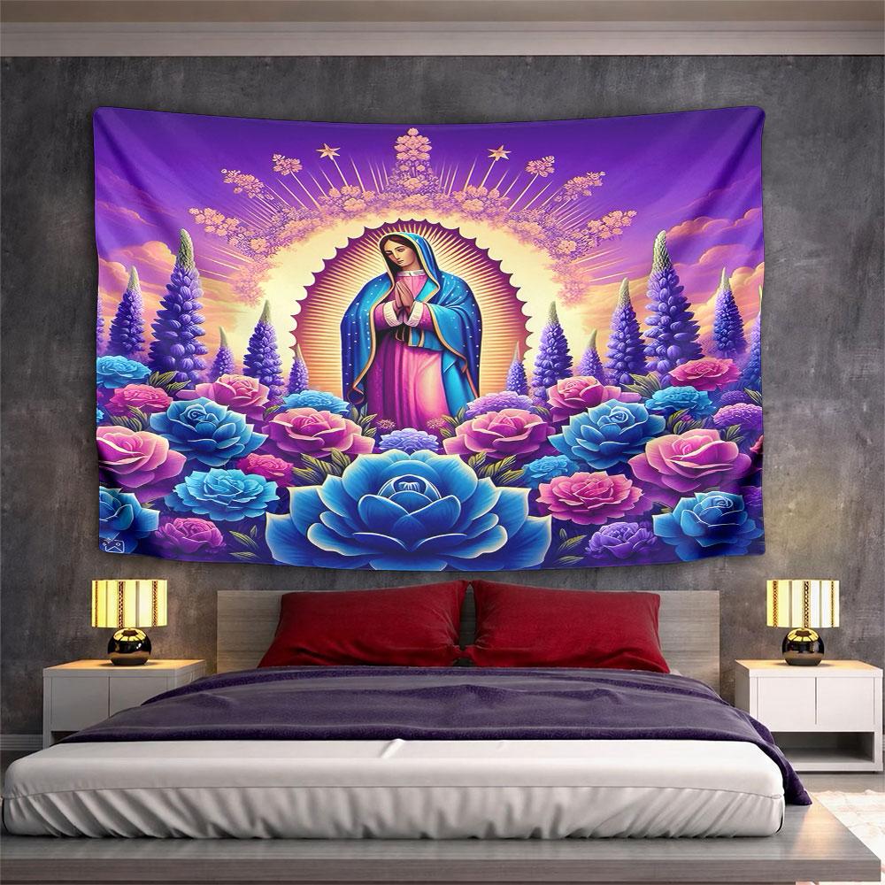 Virgin Mary with Vibrant Floral Halo Pattern Wall Hanging Tapestry Decorative Tapestry Home Decor for Bedroom and Living Room