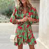 Женское платье с красочным принтом, V-образным вырезом, высокой талией, рукавами «летучая мышь», нерегулярный подол, рюшами, свободные, мягкие