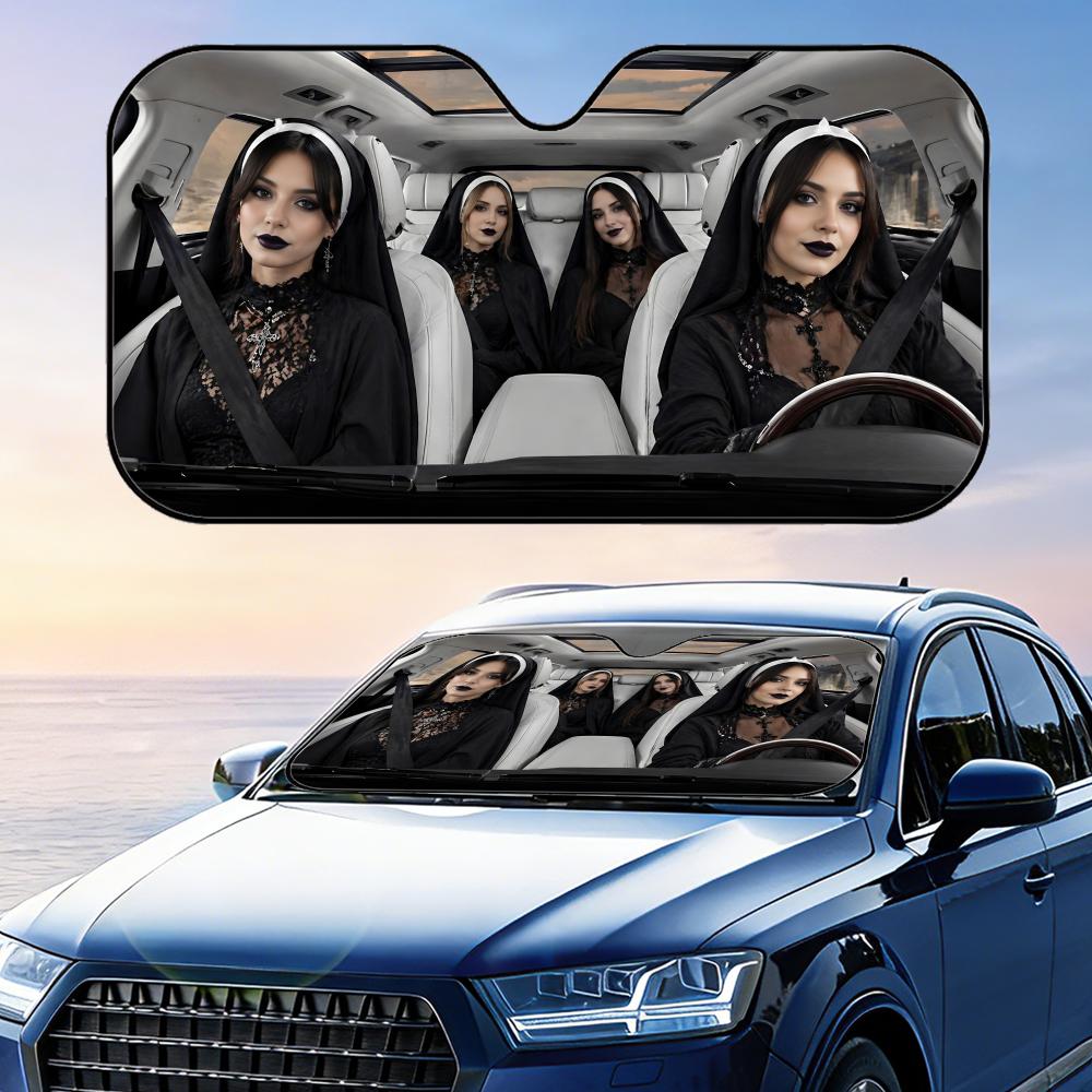 Funny Gothic Nun Driving Sun Visor Foldable Universal Car Windshield Sun Shade UV Protection Heat Insulation Foldable Cover