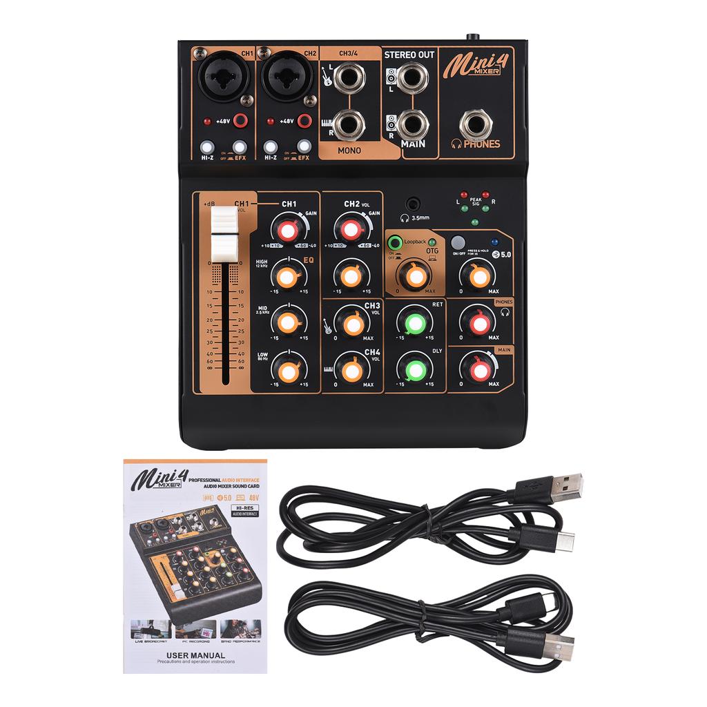 Audio Mixer Portable 4-Channel DJ Mixer Console Mini Sound Mixing Board with USB BT 48V Phantom