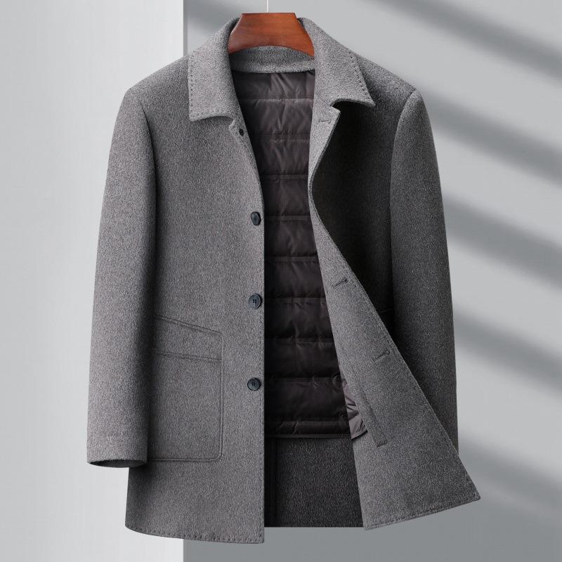 New Winter Double-sided Cashmere Coat for Middle-aged Men, Removable Down Liner Windbreaker, Casual Dad Woolen Coat