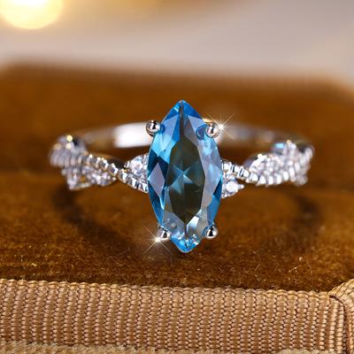 Простое модное серебряное кольцо с огранкой «маркиз» и цирконом Aqua Blue для женщин, свадебные украшения, подарки